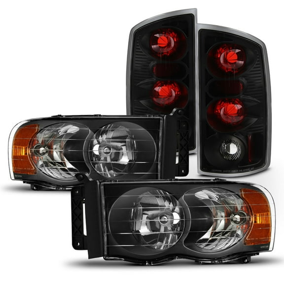 AKKON - Fits 2002 2003 2004 2005 Dodge Ram 1500/ 2500/ 3500 Pickup Black Headlights + Blk Tail Brake Lamp Pair Left+Right