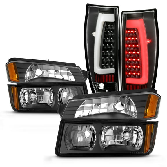 AKKON - Fits 2002-2006 Chevy Avalanche 1500 2500 [Body Cladding] Black Headlights w/Bumper Light + LED Tube Tail Brake Lamp Pair