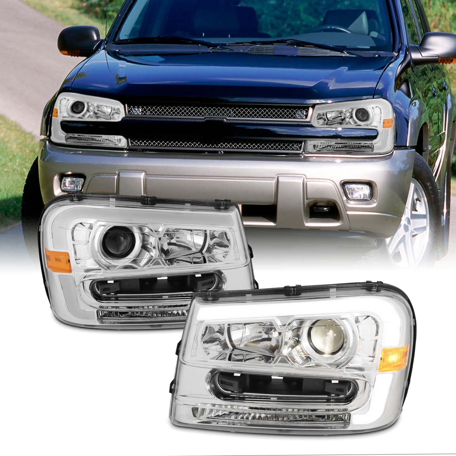 Speed Daddy Projector Headlights For 2002-2009 Chevy Trailblazer - Chrome Housing, Clear Lens, LED DRL, Pair - View #2