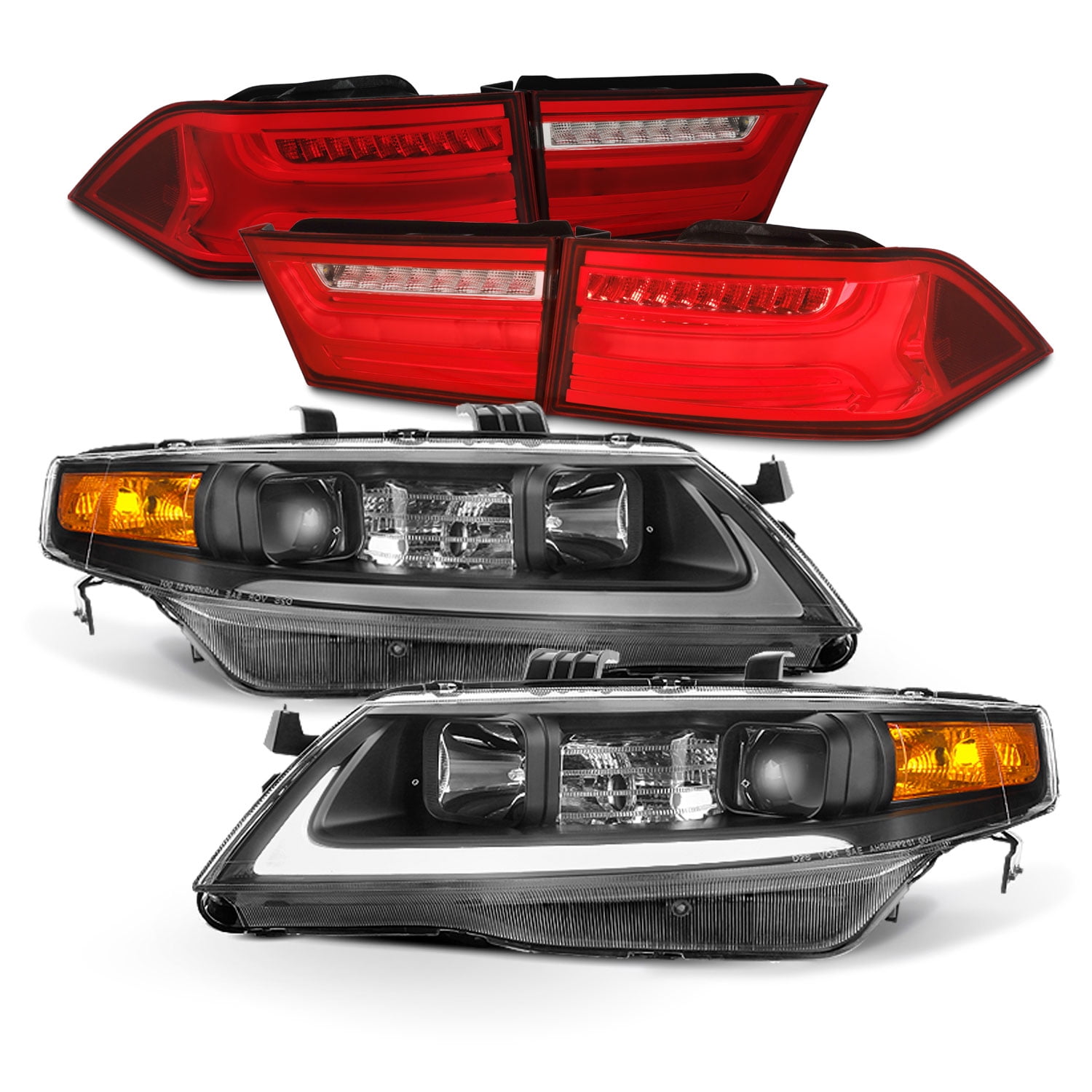 AKKON - Fits 2004-2008 Acura TSX Light Bar DRL Projector Black Housing  Headlights + LED Red Tail Lamps Combo