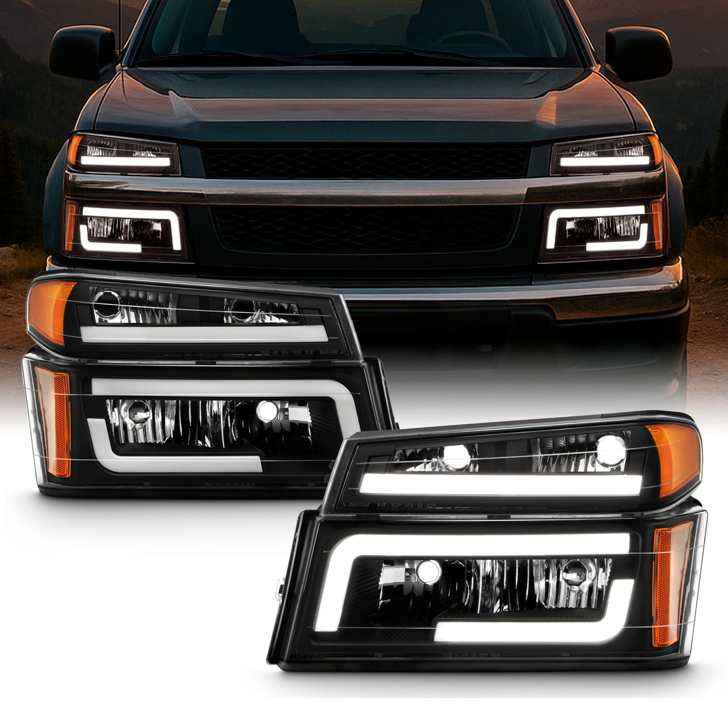 AKKON - Fits 2004-2012 Chevy Colorado / GMC Canyon 06-08 Isuzu i-Series [LED Tube Parking] Black Headlights Headlamp Pair LH+RH