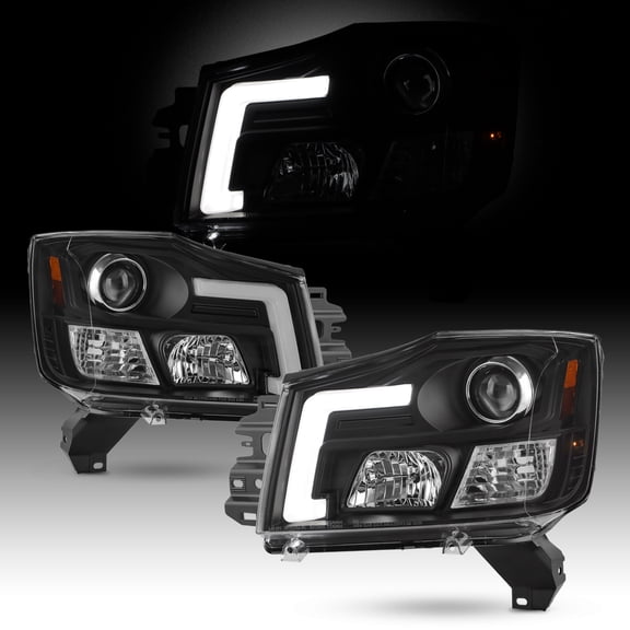 AKKON - Fits 2004-2015 Titan / 04-07 Armada [C-Tube Style] LED Projector Black Headlights Left+Right Pair Set