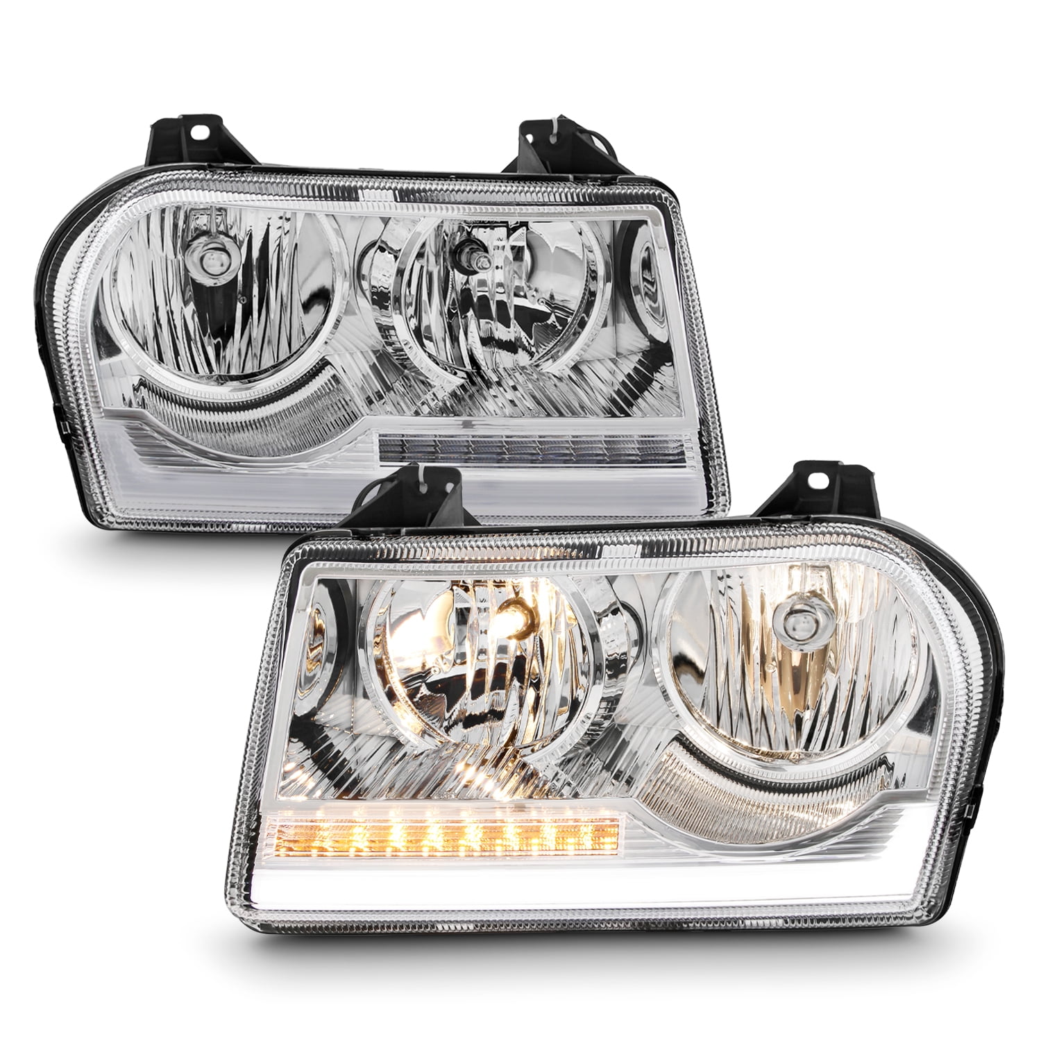 AKKON - Fits 2005-2009 Chrysler 300 [Halogen Type] Chrome Headlights w/ LED Sequential Turn Signal Pair Driver+Passenger