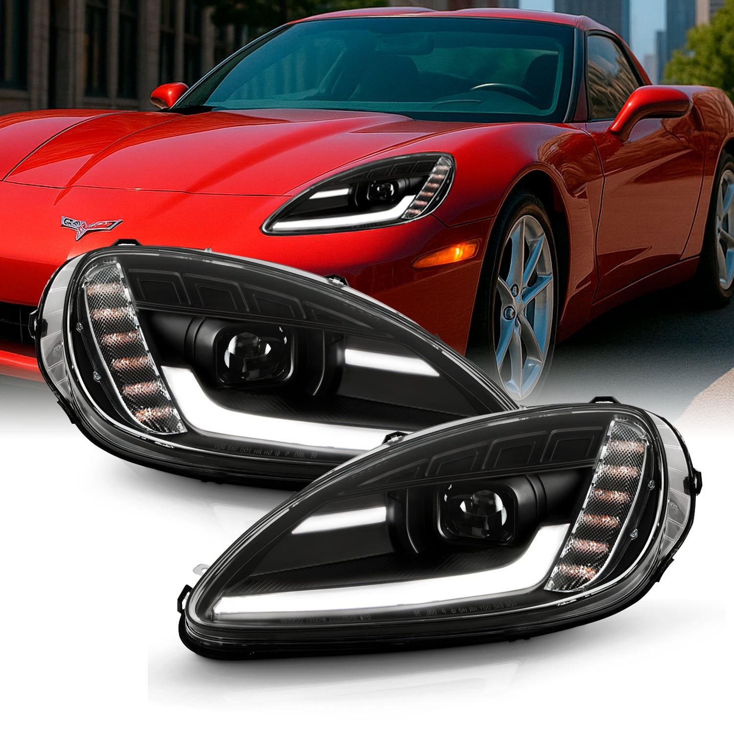 AKKON - Fits 2005-2013 Chevy Corvette C6 Sequential Signal Switchback LED Tube Running Projector Black Headlight Pair Left+Right