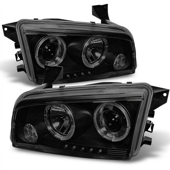 AKKON - Fits 2006-2010 Dodge Charger Black Smoked Dual Halo Ring DRL LED Projector Replacement Headlights Left+Right Pair