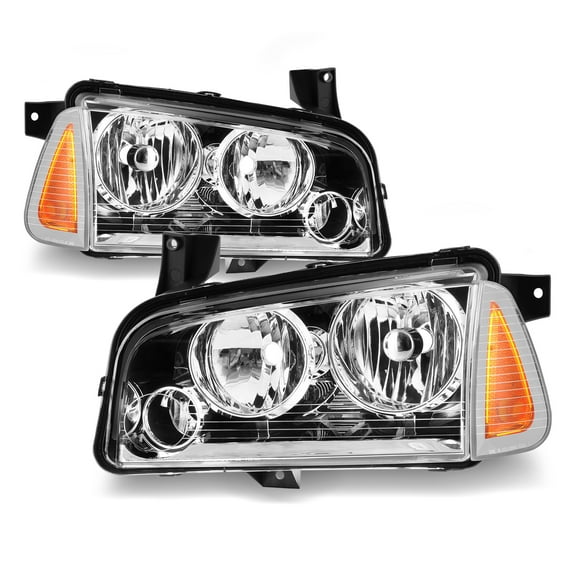 AKKON - Fits 2006-2010 Dodge Charger [Halogen Style] Chrome Headlamp Left+Ritght Pair Headlights Replacement
