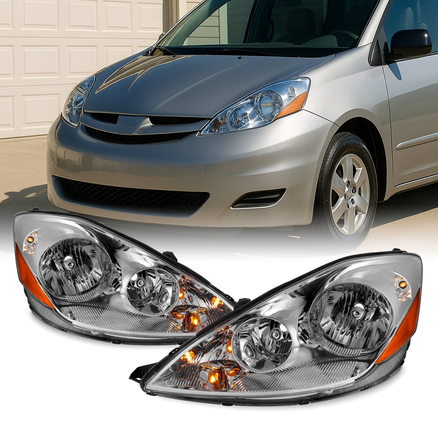 AKKON - Fits 2006-2010 Toyota Sienna Factory OE Style Headlights Replacement Assembly - Chrome Housing