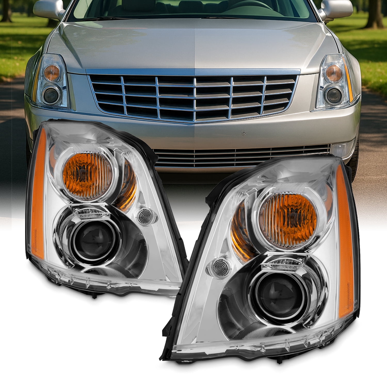 AKKON - Fits 2006-2011 Cadillac DTS [HID/Xenon Type] Projector Chrome Headlights Pair Driver+Passenger Re-use HID Kit