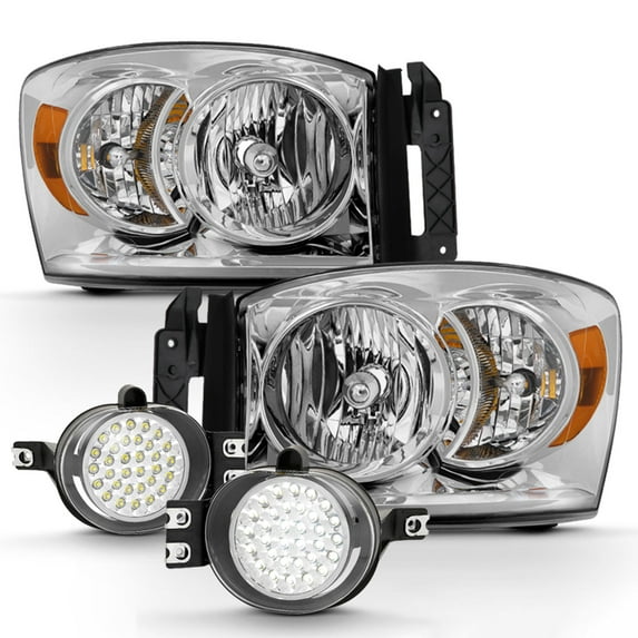 AKKON - Fits 2007-2008 Dodge Ram 1500 2007-2009 Ram 2500 / 3500 Chrome Headlights + LED Clear Fog Bumper Lamp Pair Replacement