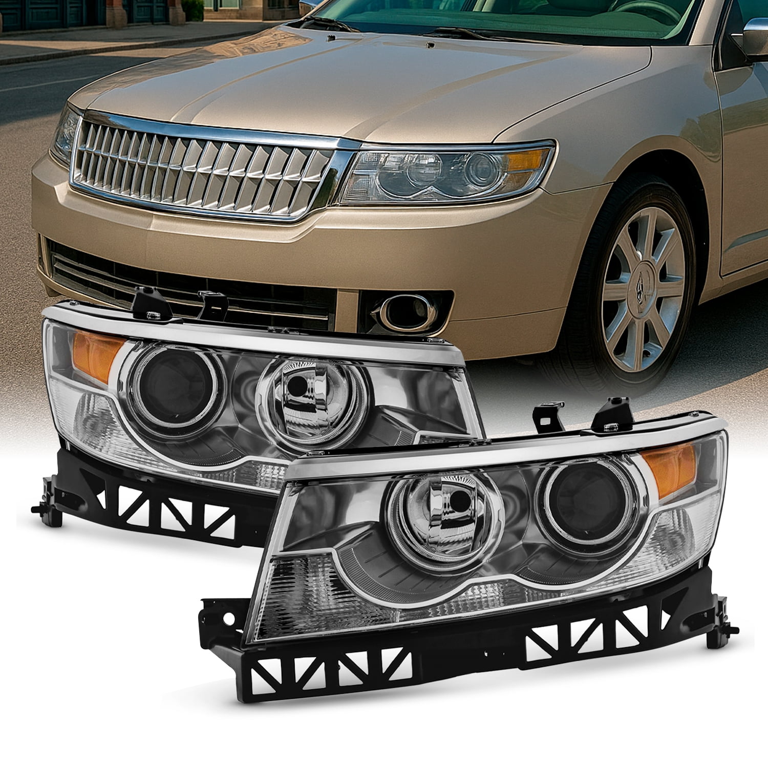 AKKON - Fits 2007-2009 Lincoln MKZ 2006 Zephyr [Halogen Type] Chrome Headlights Pair Driver Left+Passenger Right 06-09