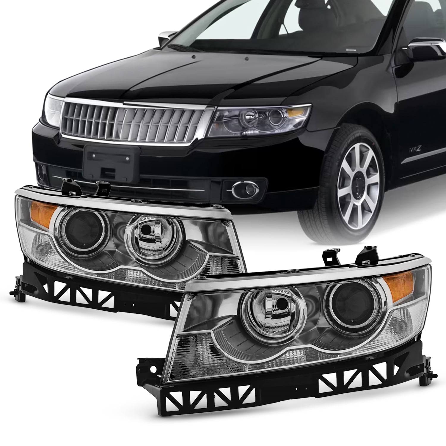 AKKON - Fits 2007-2009 Lincoln MKZ 2006 Zephyr [Halogen Type] Chrome Headlights Pair Driver Left+Passenger Right 06-09