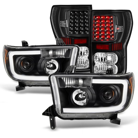 AKKON - Fits 2007-2013 Toyota Tundra SMD LED Tube Projector Black Headlights + Blk Premium LED Tail Brake Lights Pair Left+Right