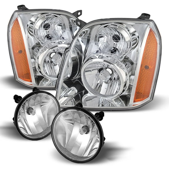 AKKON - Fits 2007-2014 GMC Yukon XL 1500 / XL2500 SUV Black Headlights + Clear Fog Lamp Lights Pair Left+Right