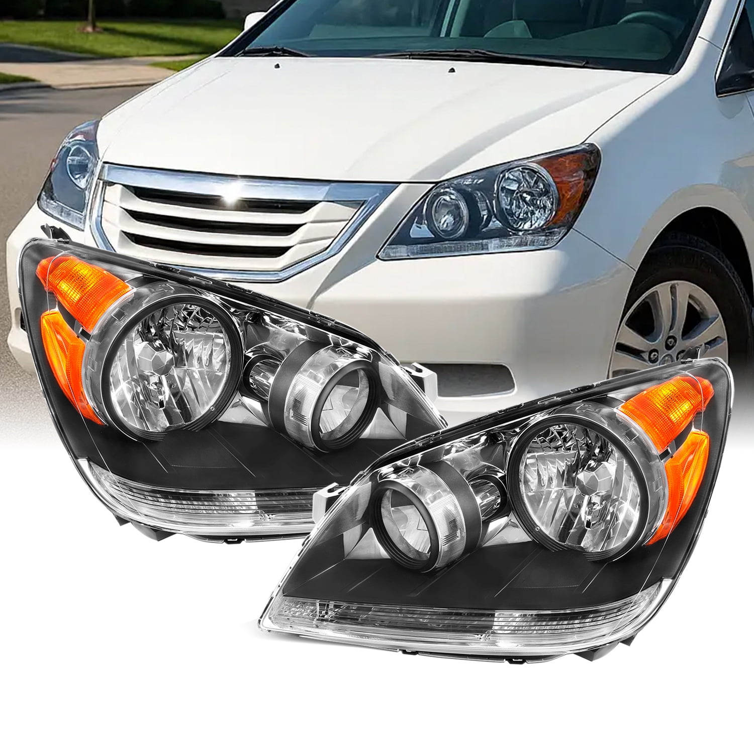 AKKON - Fits 2008 2009 2010 Honda Odyssey Van Front Black Housing Headlights Headlamps Assemblies Replacement