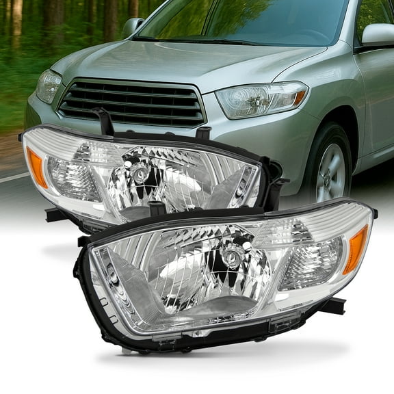 AKKON - Fits 2008 2009 2010 Toyota highlander [Halogen Type] Chrome Headlights Pair Left+Right Replacement