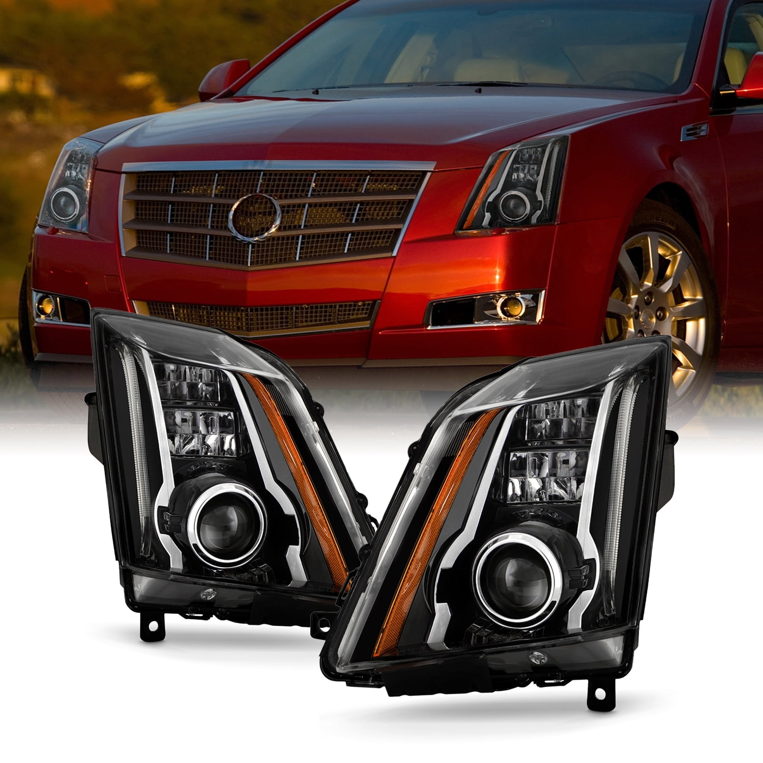 For 2008-2014 Cadillac CTS Halogen Black Headlights Lamps Left &amp; Right W/Bulbs E