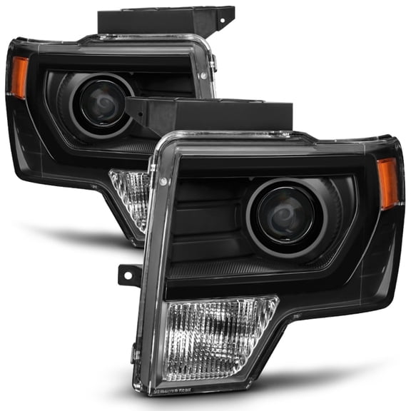 AKKON - Fits 2009-2014 Ford F-150 F150 Projector Black Headlights   [C-Tube Bar] LED Black Tail Brake Lamp 4Pcs Combo