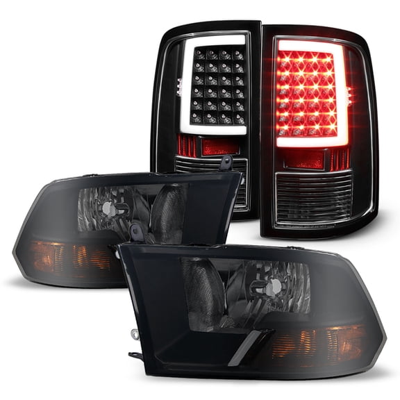 AKKON - Fits 2009-2018 Ram 1500 2010-2018 Ram 2500 / 3500 Black Smoked Headlights + [C-Light Bar] LED Blk Tail Brake Lights Pair