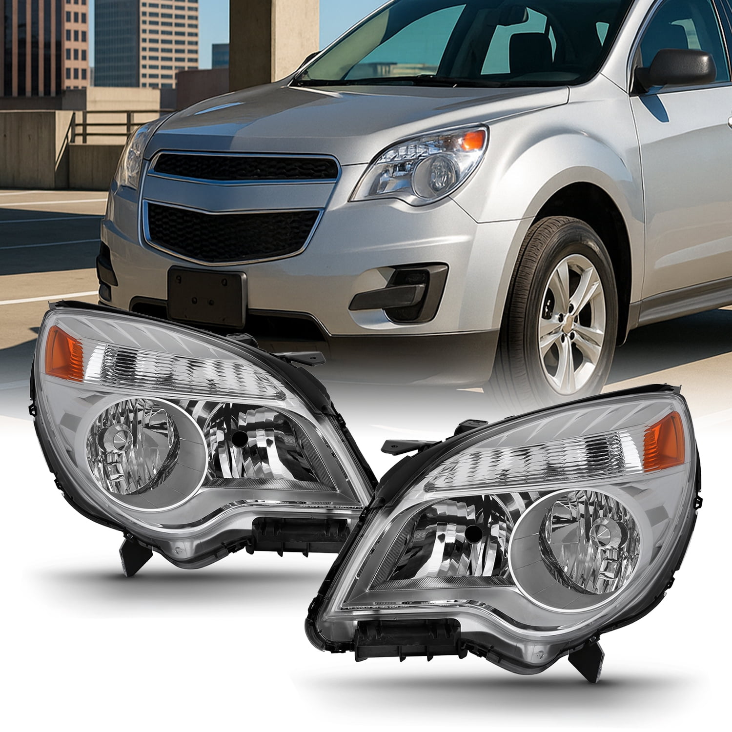 AKKON - Fits 2010-2015 Chevy Equinox LS/LT Model [Halogen Style] Chrome Headlights Driver + Passenger Side Pair