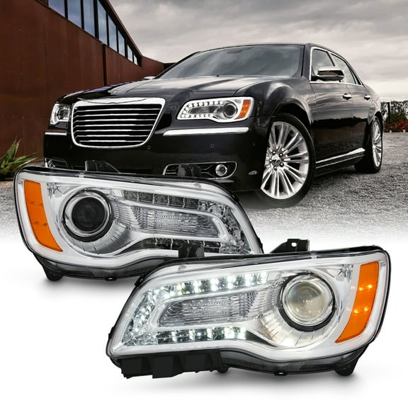AKKON - Fits 2011-2014 Chrysler 300 Sedan Models LED Light Bar [Halogen Type] Chrome Bezel Projector Headlights Pair Left+Right