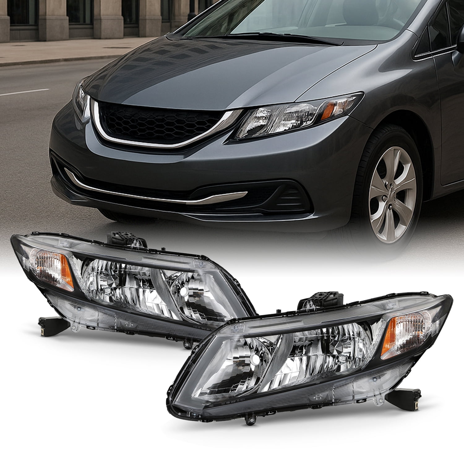 AKKON - Fits 2012 2013 2014 2015 Honda Civic Sedan 12-13 Coupe [Halogen Type] Chrome Headlights Pair Headlamps Left+Right