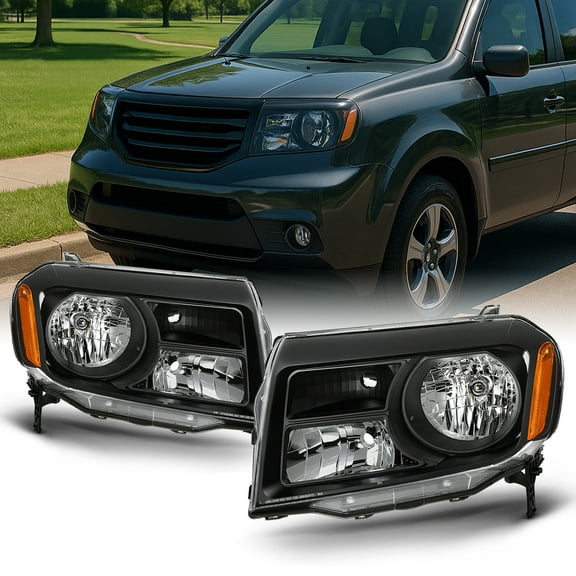 AKKON - Fits 2012 2013 2014 2015 Honda Pilot [Halogen Type] Black Headlights Pair Driver Left+Passenger Right Replacement