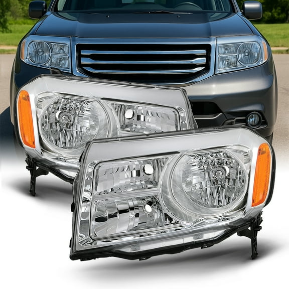 AKKON - Fits 2012 2013 2014 2015 Honda Pilot [Halogen Type] Chrome Headlights Pair Driver Left+Passenger Right Replacement
