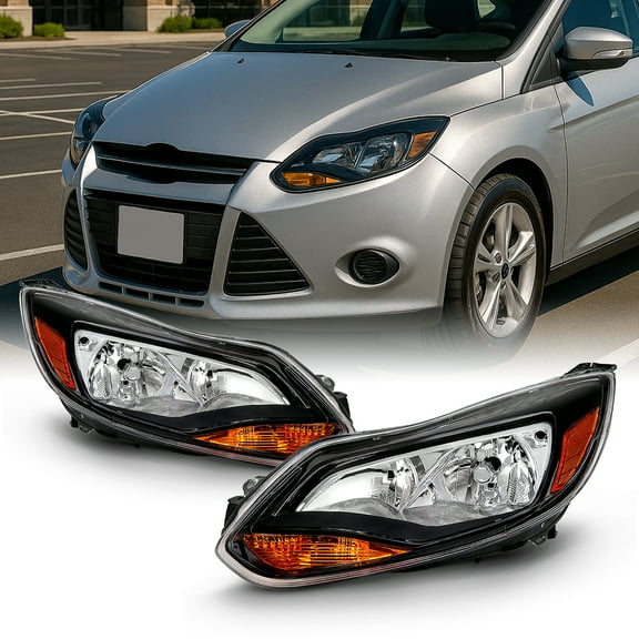 AKKON - Fits 2012-2014 Ford Focus 4Door Sedan Hatchback [Halogen Type] Black Trim Headlights Pair Driver Left+Passenger Right