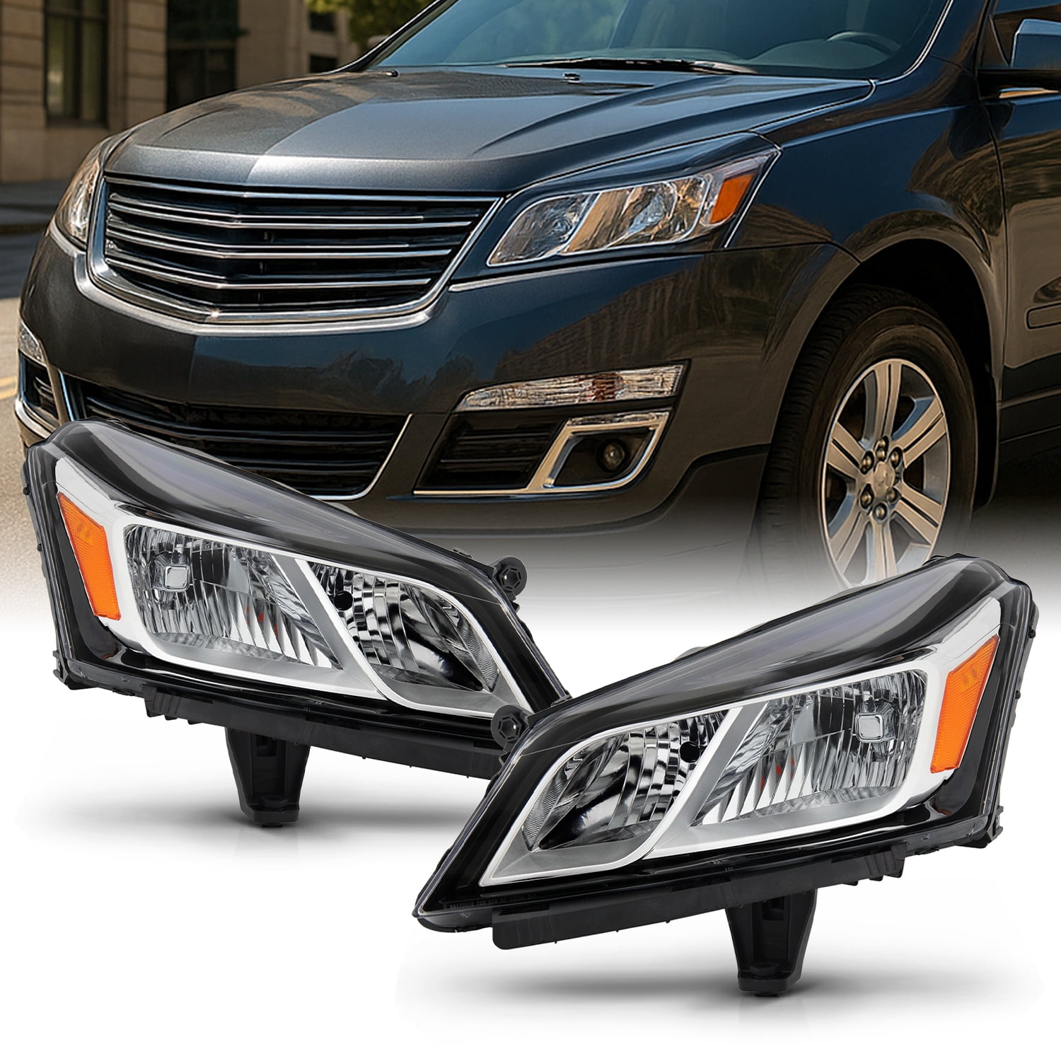 AKKON - Fits 2013 2014 2015 2016 2017 Chevy Traverse [Halogen Type] Chrome Headlights Pair Headlamps Driver Left+Passenger Right