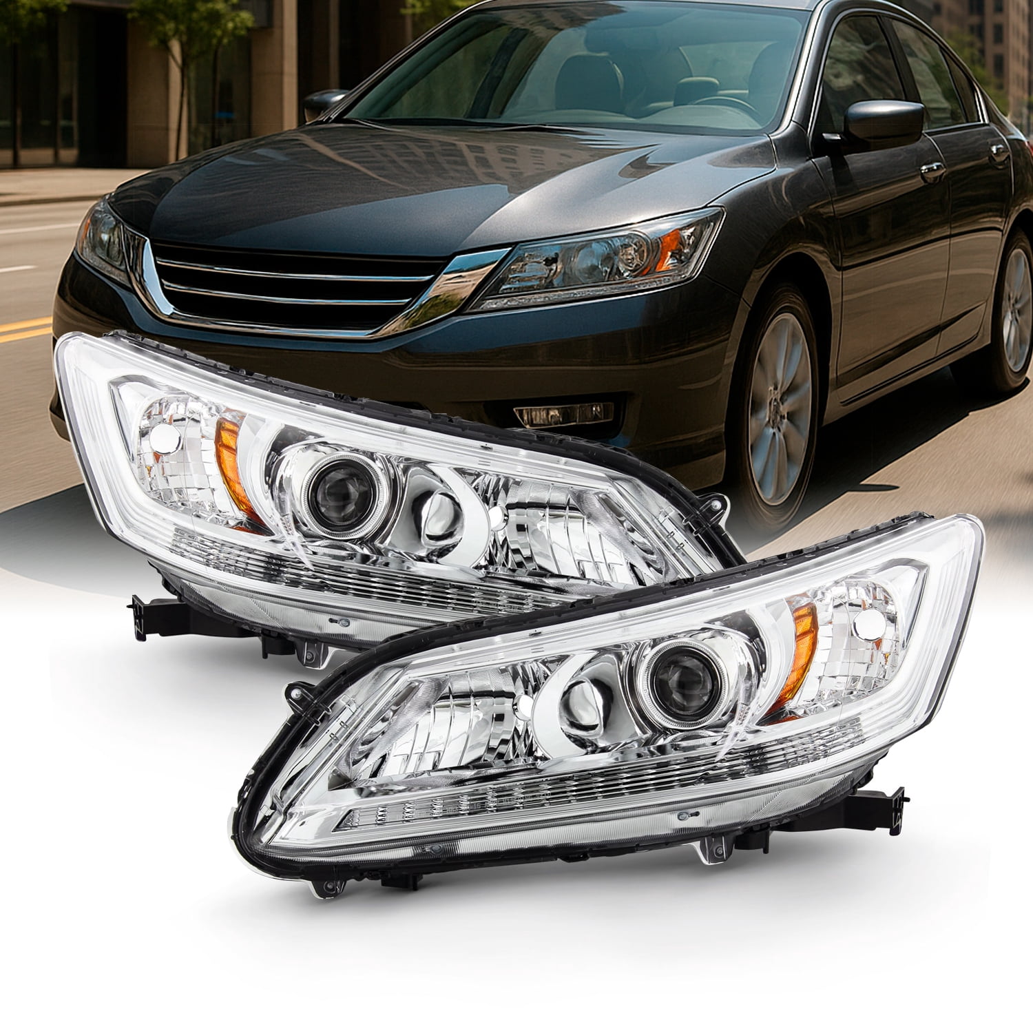 AKKON - Fits 2013 2014 2015 Honda Accord 4Door Sedan [Halogen Type] Chrome Clear Headlights Pair Left Driver+Right Passenger