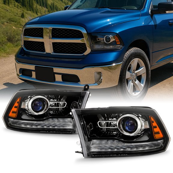 AKKON - Fits 2013-2015 Ram 1500 / 2500 /3500 OE Projector Headlights Black Housing w/ LED DRL - Pair Assembly