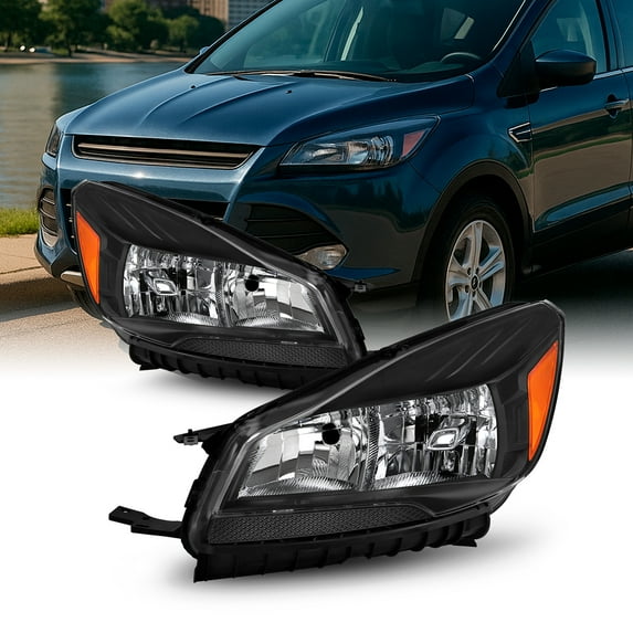 AKKON - Fits 2013-2016 Ford Escape SUV Halogen Type Black Headlights w/ Amber Side Headlamps Pair Replacement