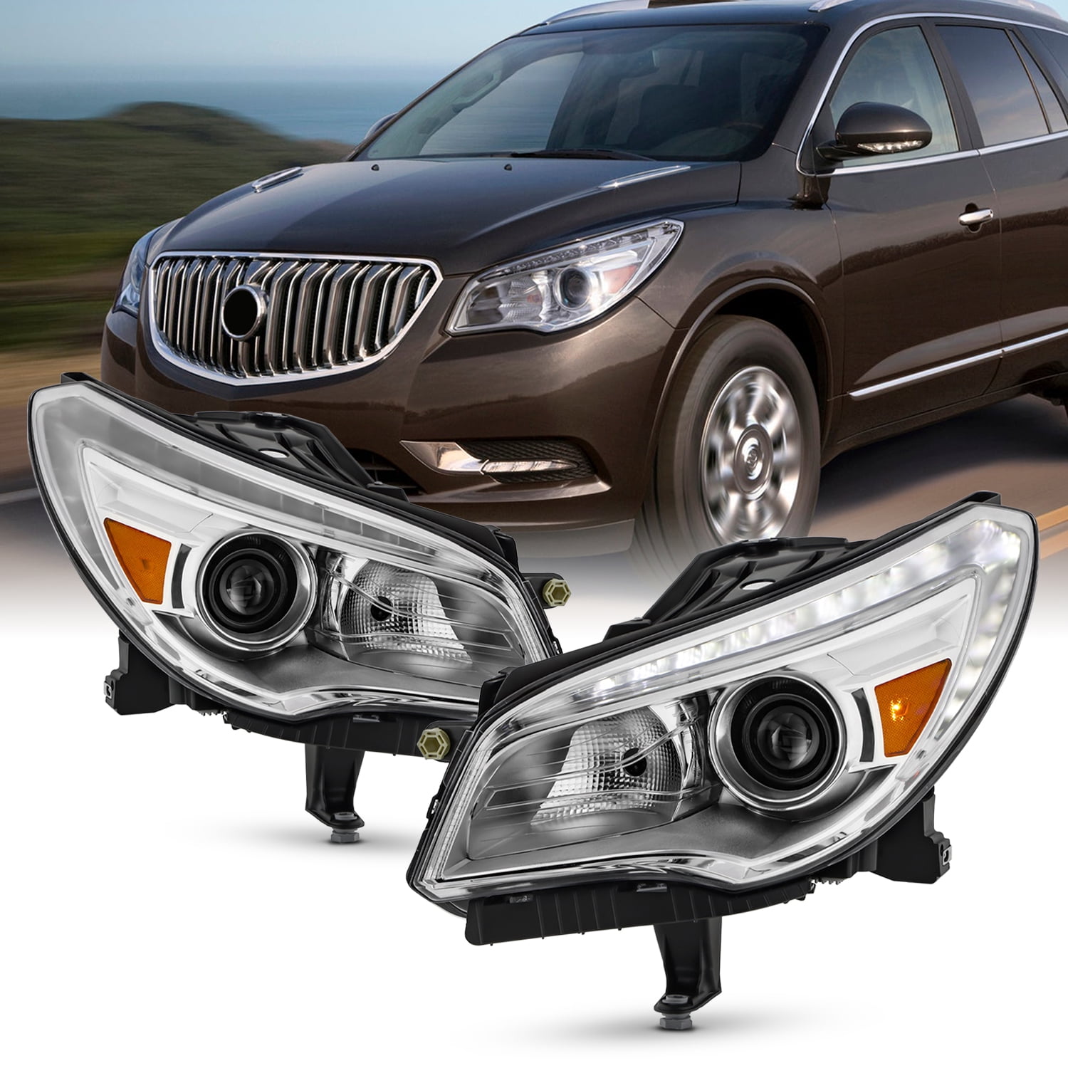 AKKON - Fits 2013-2017 Buick Enclave [HID/Xenon Type] Non-AFS Projector Headlights Driver+Passenger w/ DRL Running Lamp