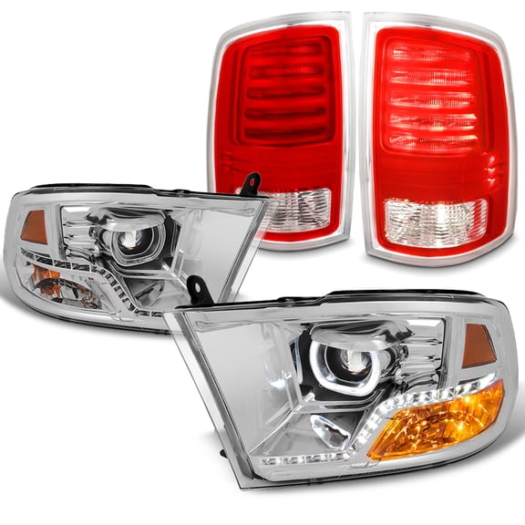 AKKON - Fits 2013-2018 RAM 1500 2500 3500 [LED] Projector Chrome Headlights + LED Red Clear Tail Light w/Wire Set