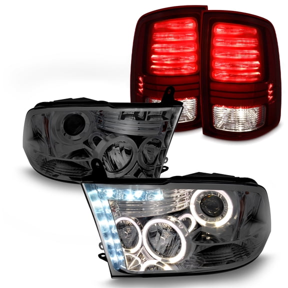 AKKON - Fits 2013-2018 RAM 1500 2500 3500 LED DRL Running Projector Smoked Headlight+ LED Dark Red Tail Lamp w/Wire