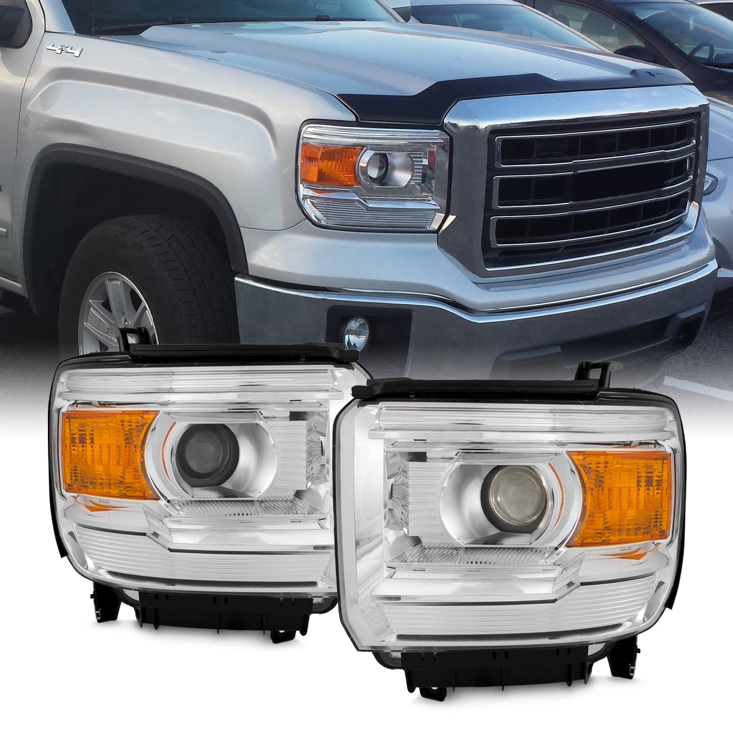 AKKON - Fits 2014-2018 GMC Sierra 1500 2015-2019 Sierra 2500HD 3500HD [Halogen Type] Chrome Headlights Headlamps Pair