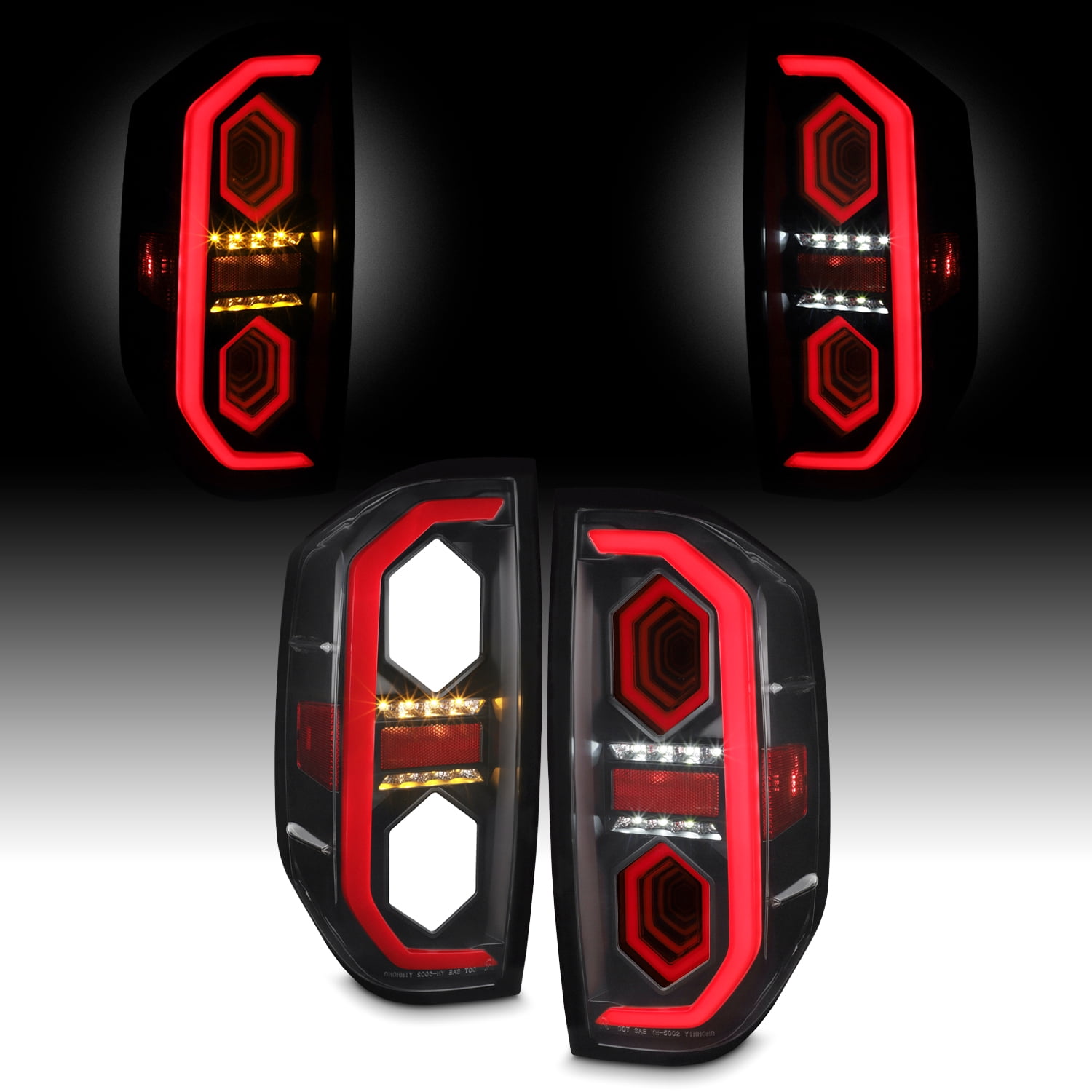 AKKON - Fits 2014-2021 Toyota Tundra [Full LED] Tube Signal Reverse Swithback Mirror 3D Brake Black Tail Lights Pair