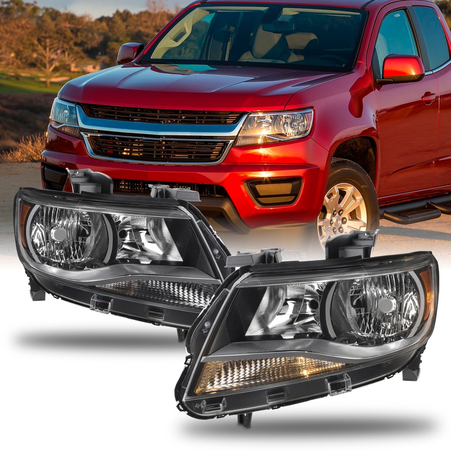 AKKON Fits 2015 2016 2017 Chevy Colorado Pickup [Halogen Type] Black Headlights Pair Driver