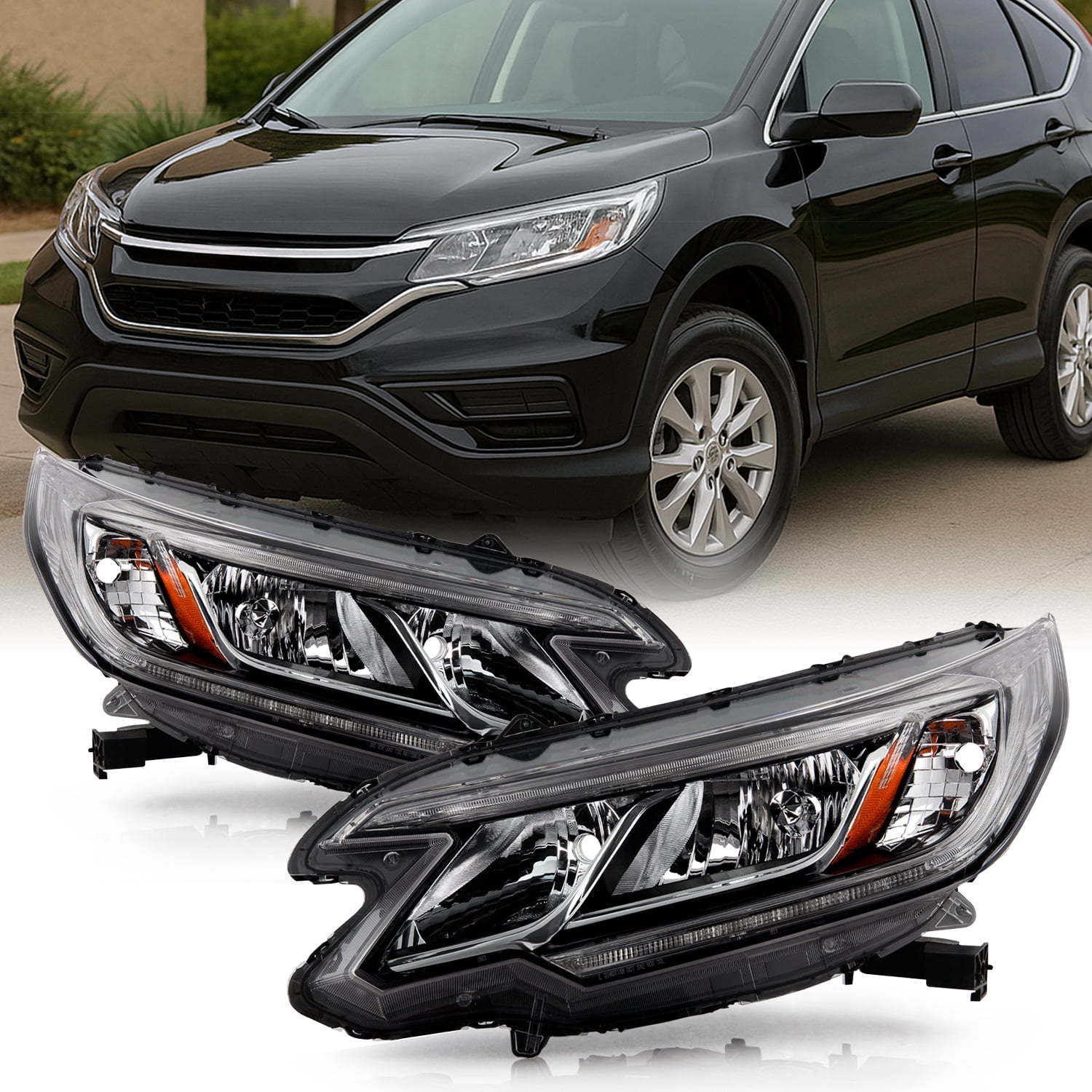 AKKON - Fits 2015-2016 Honda CR-V EX / EX-L / SE  [Tube Bar] Chrome Headlights Pair Driver Left + Passenger Right w/ LED DRL