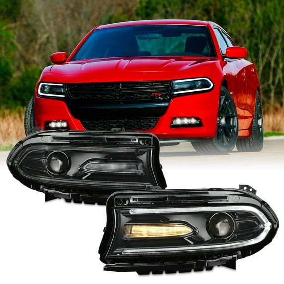 AKKON - Fits 2015-2018 Dodge Charger LED DRL Running [Halogen Type] Projector Black Headlights Pair w/ No Side Logo