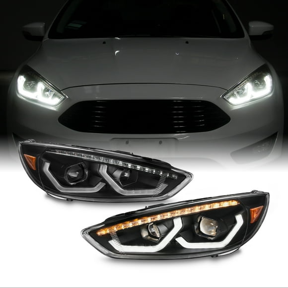 AKKON - Fits 2015-2018 Ford Focus LED Tube DRL Running Turn Signal [Halogen Type] Projector Black Headlights Pair LH+RH