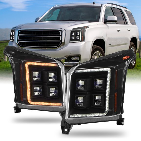 AKKON - Fits 2015-2020 GMC Yukon Halogen Type Projector Black Headlights Pair w/LED DRL SwitchBack Sequential Turn Signal