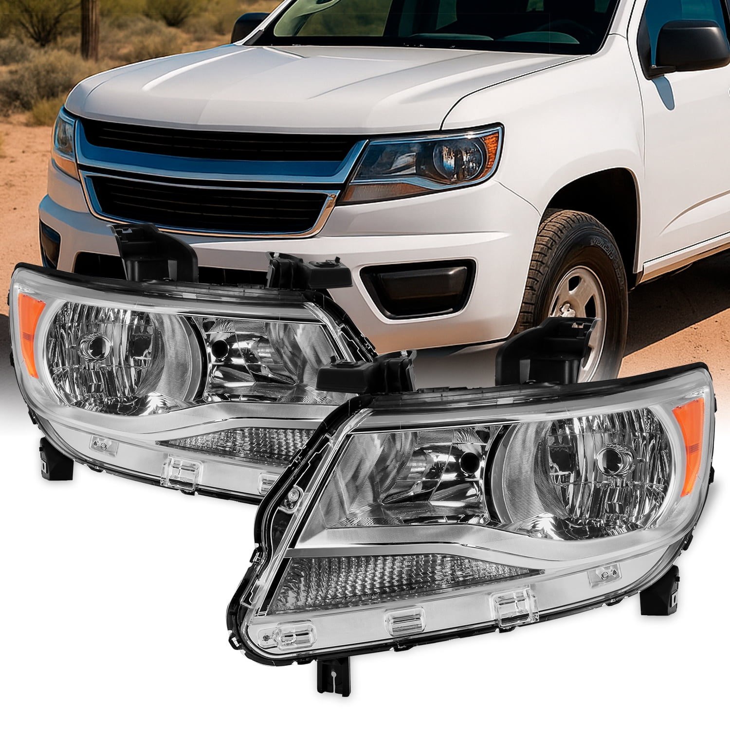 AKKON - Fits 2015-2022 Chevy Colorado Halogen Type Headlights Driver Left+Passenger Right Pair Chrome Clear Headlamp