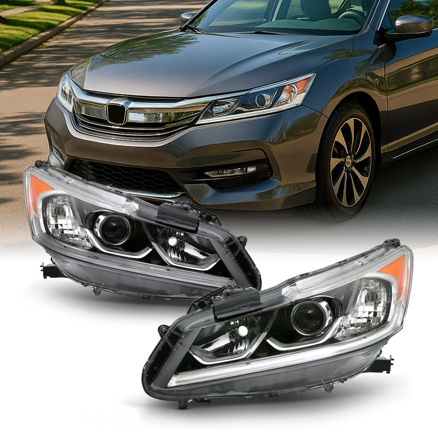 AKKON - Fits 2016-2017 Honda Accord EX EX-L SE Sport Halogen Type [LED DRL Models] Projector Chrome Headlights Pair Left+Right
