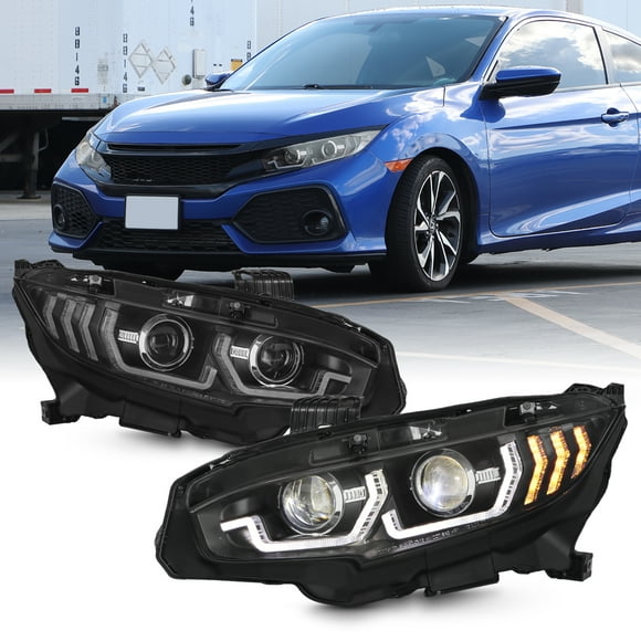 AKKON - Fits 2016-2020 Honda Civic [LED Type] Projector Black Headlights Pair w/ LED DRL Tube Sequential Turn Signal