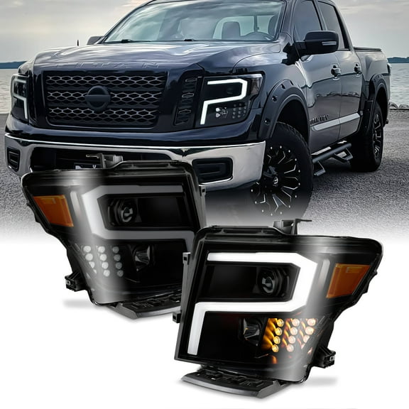 AKKON - Fits 2016-2024 Nissan Titan Projector Headlights w/ Tube LED Signal- Black Smoke Pair Housing