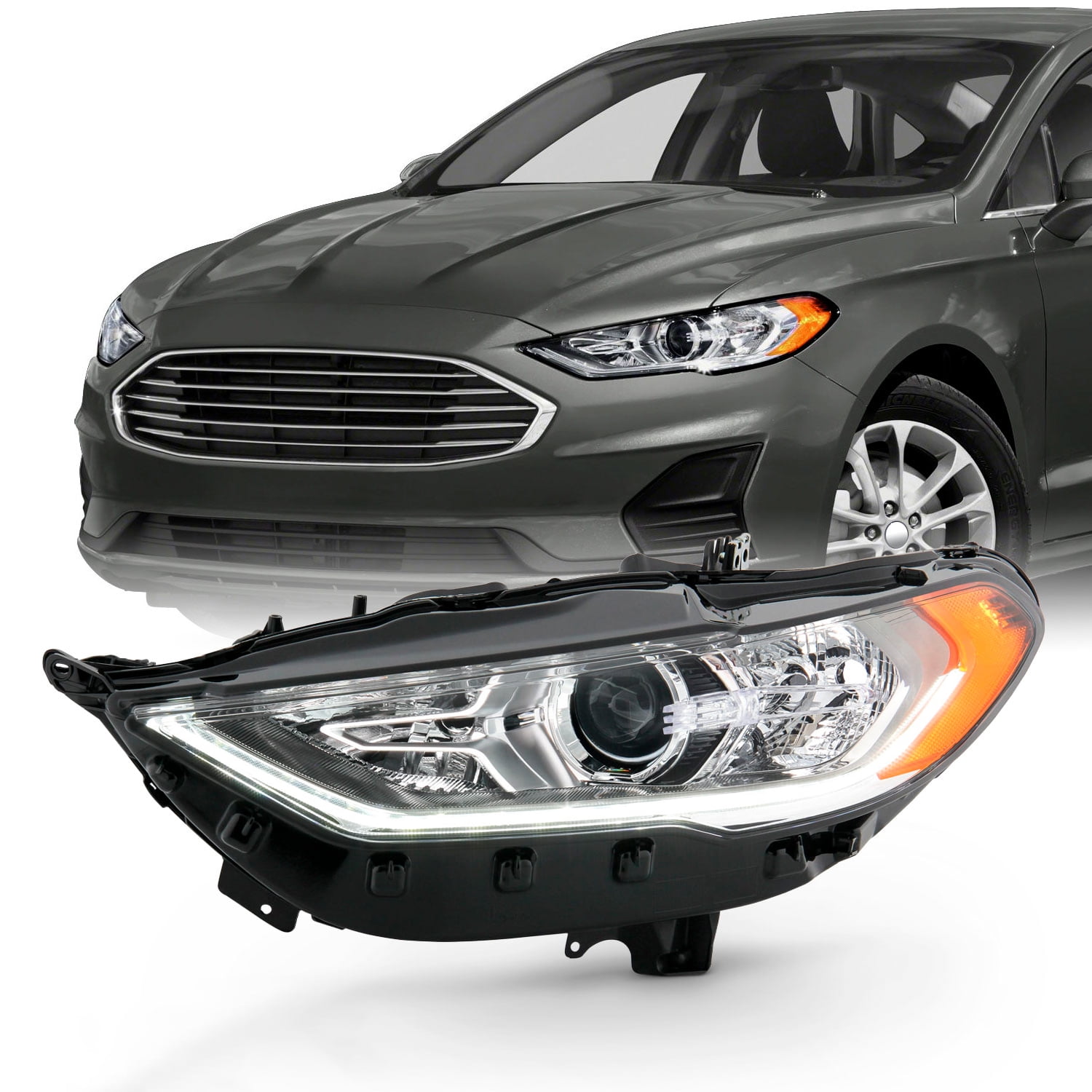 AKKON - Fits 2017-2020 Ford Fusion Halogen w/ LED DRL Model Projector  Chrome Headlight Driver Left Side Replacement