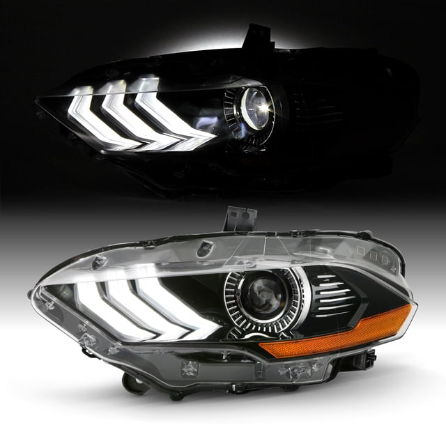 Black LED Tube Projector Headlights For 2005-2009 Ford Mustang - Pair (Left & Right)