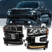 AKKON - Fits 2019-2021 Chevy Silverado 1500 [FULL LED] Black Headlights Driver+Passenger Pair w/ LED Running Tube