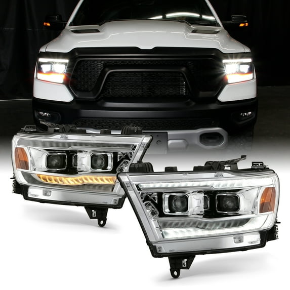 AKKON - Fits 2019-2022 RAM 1500 [Halogen Type] Chrome Headlights Pair w/ LED High&Low Beam + Sequential Signal + Running Tube